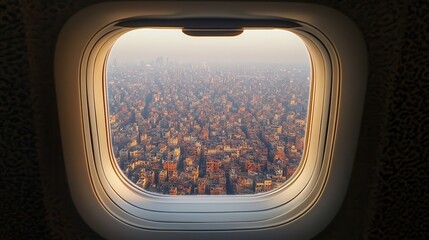 Wall Mural - A window on an airplane with a city view