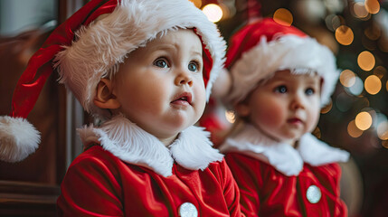 Wall Mural - Cute little boys in Santa Claus clothes on Christmas background.