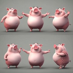 Canvas Print - A cartoon pig character displayed in various poses and expressions.