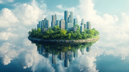 Wall Mural - A city is reflected in the water, with a green island in the middle