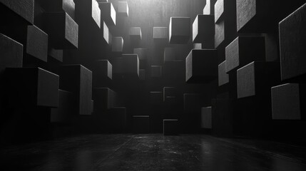 Wall Mural - A black and white image of a room with many cubes