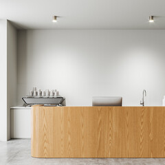 Poster - Modern cafe interior with island and cooking space, mockup wall