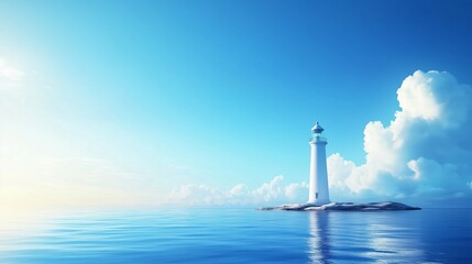 Wall Mural - A solitary white lighthouse stands on a rocky islet under a clear blue sky at sunset, reflecting off the calm ocean waters