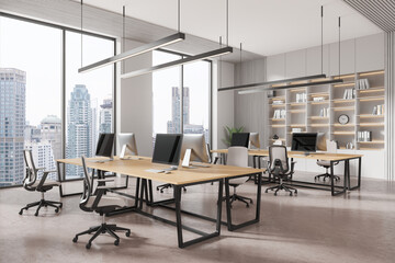 Sticker - Modern open office space with large windows and city view. 3D Rendering