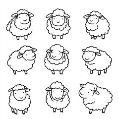 Wall Mural - A grid of nine cute, cartoon-style sheep illustrations.