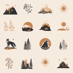 Canvas Print - A collection of nature-themed illustrations featuring mountains, animals, and plants.