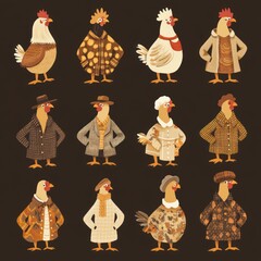 Wall Mural - A playful illustration of chickens dressed in various outfits and styles.