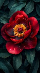 Wall Mural - A red flower with water droplets on it's petals and leaves