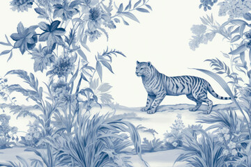 Wall Mural - Blue tiger floral nature art