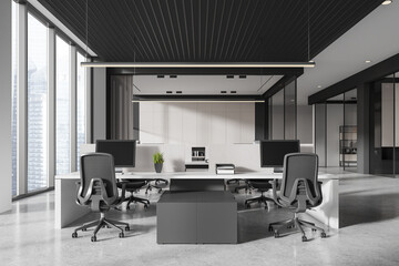 Wall Mural - Modern open-space office interior with a city view. 3D Rendering