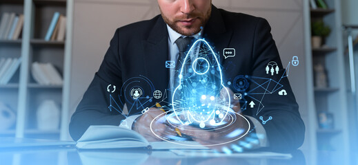 Poster - Businessman taking notes in office room, rocket hologram with icons