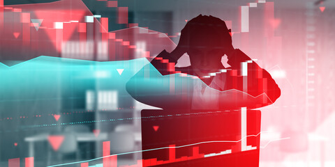 Poster - Businesswoman with laptop, graph and bar chart falling, stock market crisis