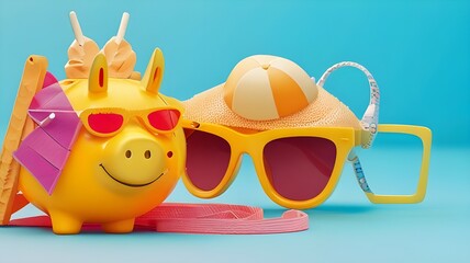 Wall Mural - Sunglasses and a piggy bank filled with summer accessories and cocktails