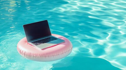 Laptop computer on a pool float in a swimming pool for people working during summer holidays , workaholic concept 