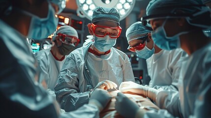 A varied group of skilled surgeons conducts procedures in a state-of-the-art facility, utilizing advanced tools to preserve a patient's life.