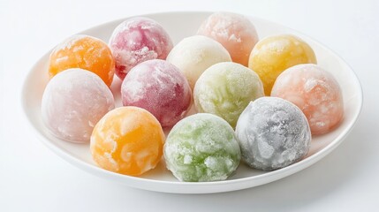 Poster - A plate of colorful mochi ice cream balls, isolated on a white background, capturing the essence of Japanese sweets and ideal for food photography.