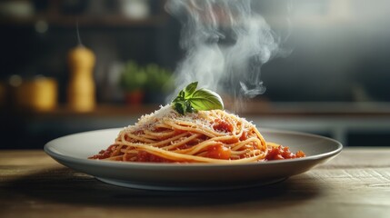 A plate of steaming spaghetti with tomato sauce, basil, and grated cheese on a wooden table.