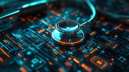 Aufkleber - Stethoscope on a futuristic digital interface.