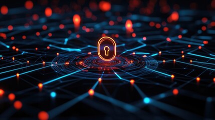 A glowing digital lock icon sits at the center of a dark, web-like network.