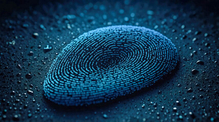 Poster - A highly detailed, blue fingerprint surrounded by scattered, abstract dots in a high-tech, futuristic style
