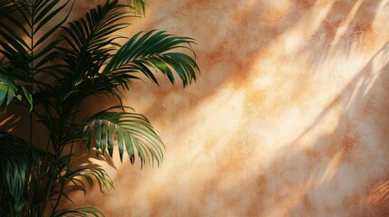 Poster - Tropical green palm tree leaves casting shadows on an orange wall