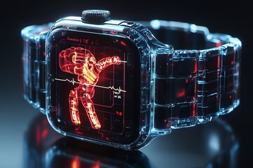 Fototapete - Transparent Smartwatch with Red Glowing Interface.