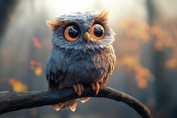 Adorable Owl with Big Eyes Perched on a Branch