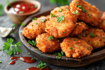 Appetizing fried homemade beef and pork cutlets on a black marble base. Generated by artificial intelligence