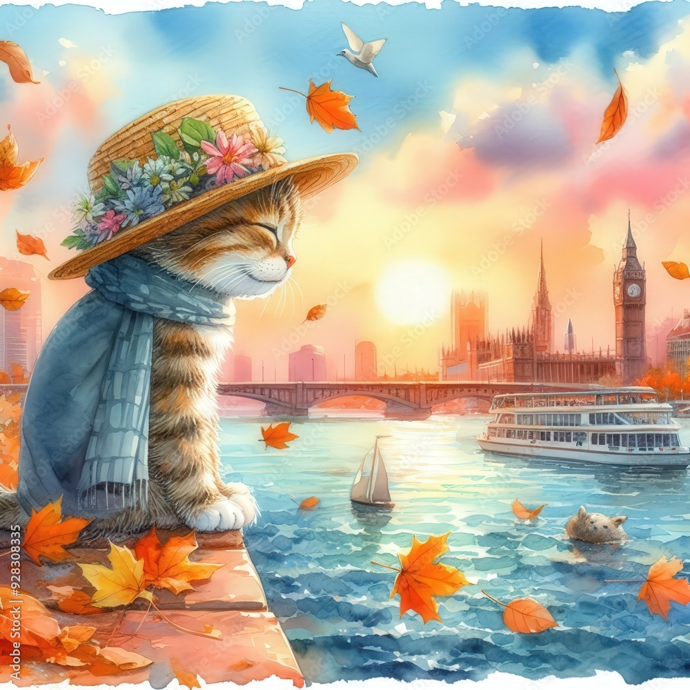 夏の終わりを感じる猫の水彩画 の Stock イラスト | Adobe Stock