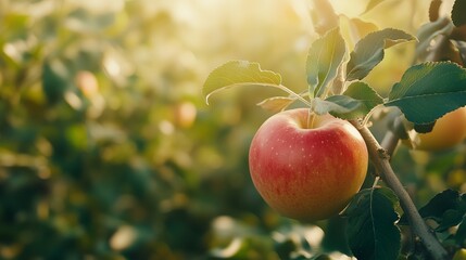 Sticker - Red apple hanging from a branch in a sunlit orchard during harvest season