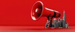 © Suphot - Dynamic red megaphone on city skyline, symbolizing communication, advertising, and urban influence in vibrant marketing.