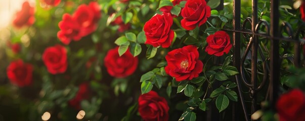 Close up of vibrant red roses blooming on a vine against a metal fence.