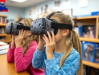 Fototapete - Young girls using VR headsets in a classroom.