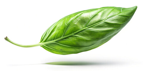 Poster - Falling basil leaves isolated on a white background, featuring their rich green color and fresh appearance