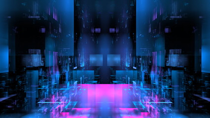 Fototapete - Vivid display of abstract patterns and bright colors representing a futuristic environment with luminous elements and geometric shapes. 3d render