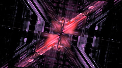 Fototapete - Dynamic patterns of red and purple intersecting in a complex geometric design create a striking visual effect in an abstract, futuristic environment. 3d render