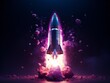 © aklima - A striking 3D render of a vibrant blue rocket launching into a dark space background.
