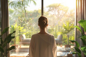 Woman Looking Out Window at Lush Greenery