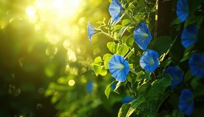 Blue morning glory flowers blooming in the sunlight.