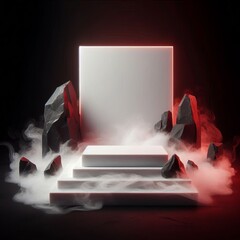Wall Mural - square display podium with white red smoke and dark background