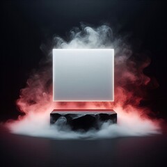 Wall Mural - square display podium with white red smoke and dark background