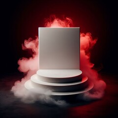 Wall Mural - square display podium with white red smoke and dark black background
