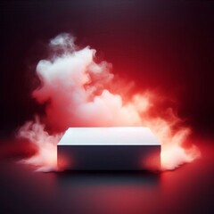 Wall Mural - square display podium with white red smoke and dark black background