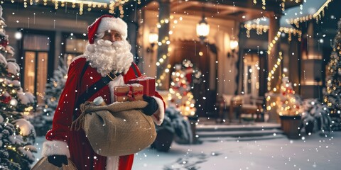 Santa Claus standing in front of a beautifully decorated house, holding a large sack overflowing with presents, with snow gently falling around him.