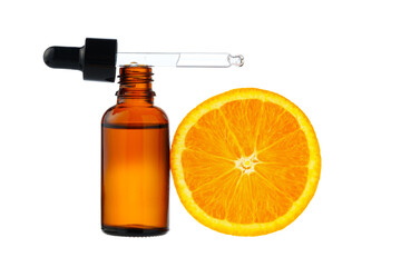 Wall Mural - Vitamin C cosmetic bottle in with orange on white background