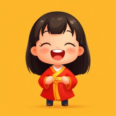 Poster - A cheerful girl in red, with short hair and a warm smile, brings joy against a soft background.