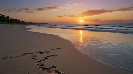 a tranquil beach scene with soft golden sand stretching across the shoreline. The background feature calm, clear blue ocean waves gently rolling onto the shore at sunset, ai generated