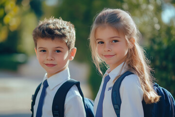 Wall Mural - Two young children are smiling for the camera, one wearing a green shirt and the other wearing a yellow shirt. They are both wearing backpacks