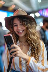 Wall Mural - A young woman with curly blonde hair is smiling as she looks at her phone while wearing a brown hat and a white shirt with yellow stripes.