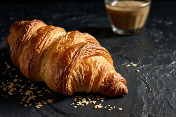 Wall Mural - Freshly Baked Croissant Resting on Dramatic Dark Slate Surface